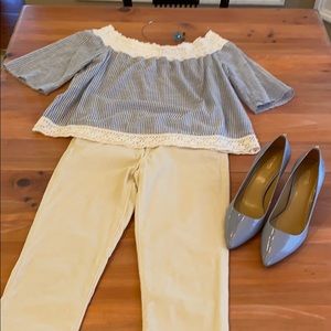 Aerie baby blue pinstriped off the shoulder top